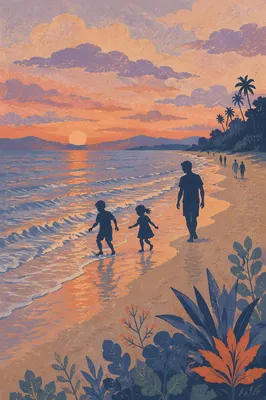 Family Silhouettes Walking on Sunset Beach