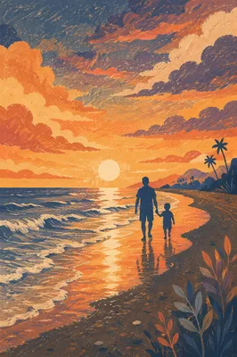 Family Silhouettes Walking on Sunset Beach