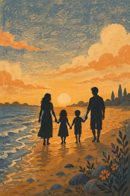 Family Silhouette Walking on Sunset Beach
