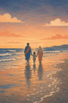 Family Walking on Beach at Sunset