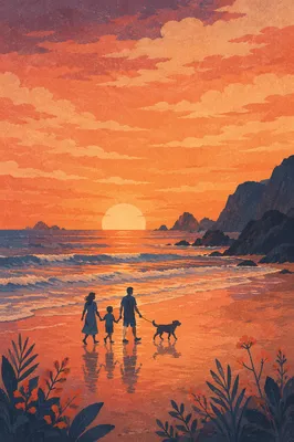 Family Silhouettes Walking Beach at Sunset