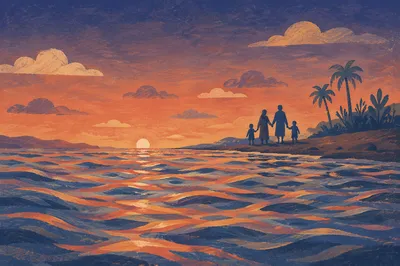 Family Silhouettes Walking on Sunset Beach