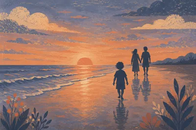 Family Silhouettes Walking on Sunset Beach