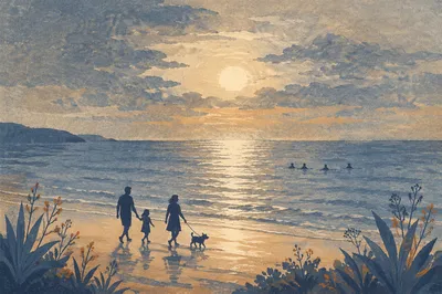 Family Silhouettes Walking Beach at Sunset
