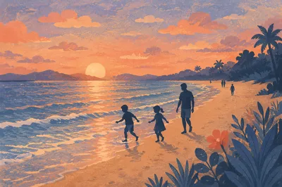 Family Silhouettes Walking on Sunset Beach
