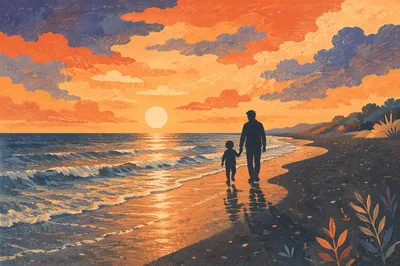 Family Silhouettes Walking on Sunset Beach