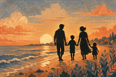 Family Silhouette Walking at Beach Sunset