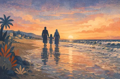 Family Silhouettes Walking on Sunset Beach