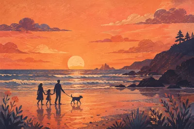 Family and Dog Walking at Sunset