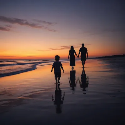 Family Silhouettes Walking on Sunset Beach