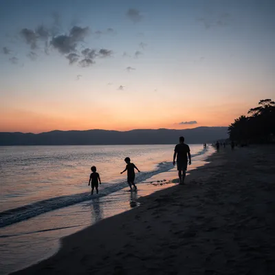 Family Silhouettes Walking on Beach at Sunset