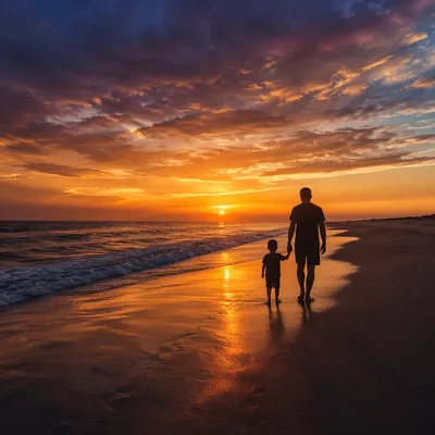 Family Silhouettes Walking on Beach at Sunset