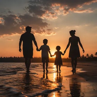 Family Walking on Beach at Sunset