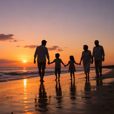 Family Silhouettes Walking on Beach at Sunset