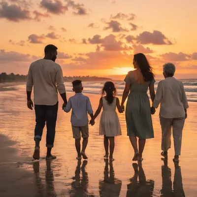 Multigenerational Family Walking on Beach at Sunset
