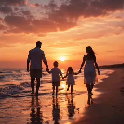 Family of Four Walking at Sunset