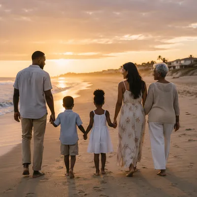 Multigenerational Family Walking on Beach at Sunset