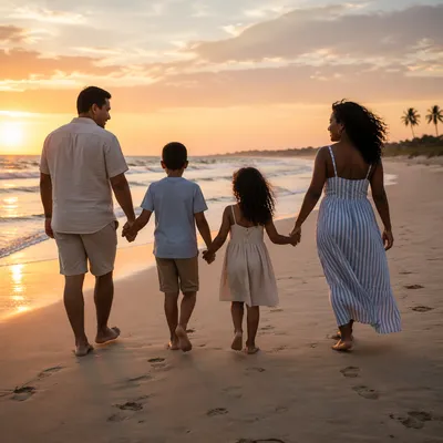 Family Walking on Beach at Sunset