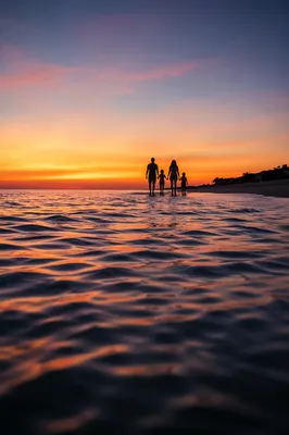 Family Silhouettes Walking on Beach at Sunset