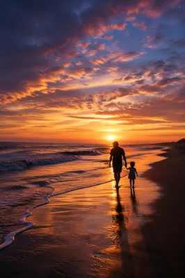 Family Silhouettes Walking on Beach at Sunset