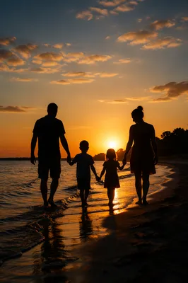 Family Walking on Beach at Sunset