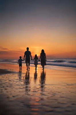 Family Silhouettes Walking on Sunset Beach
