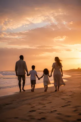 Family Silhouettes Walking on Beach at Sunset