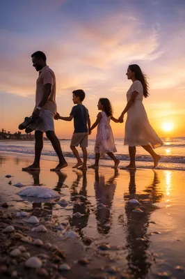 Family Silhouettes Walking on Beach at Sunset