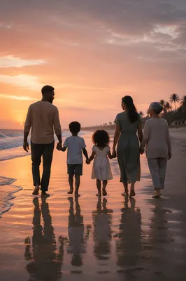 Multigenerational Family Walking on Beach at Sunset