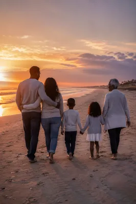 Multigenerational Family Walking on Beach at Sunset
