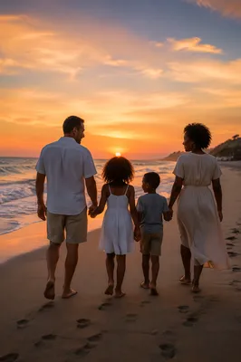 Family Walking on Beach at Sunset