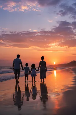 Family Silhouettes Walking on Sunset Beach