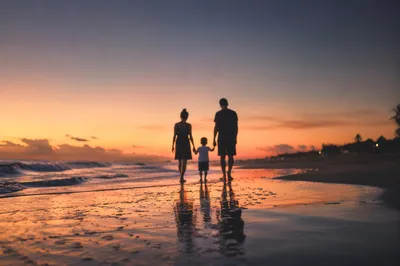 Family Silhouettes Walking on Beach at Sunset