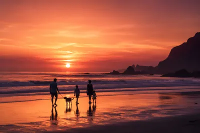 Family Walking Beach Sunset Silhouette Scene