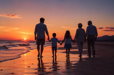 Family Silhouettes Walking on Beach at Sunset