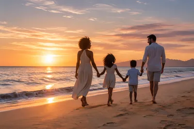 Family Silhouettes Walking on Beach at Sunset