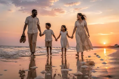 Family Silhouettes Walking on Beach at Sunset