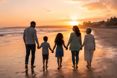 Multigenerational Family Walking on Beach at Sunset