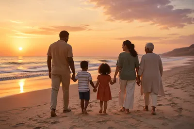 Multigenerational Family Walking on Beach at Sunset