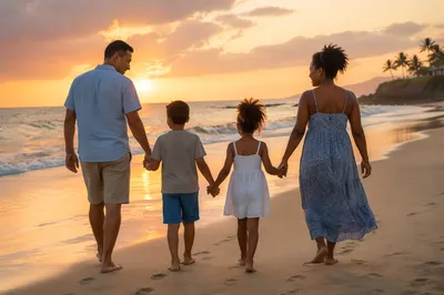 Multigenerational Family Walking on Beach at Sunset