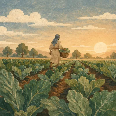 Farmer Harvesting Greens at Sunrise Field