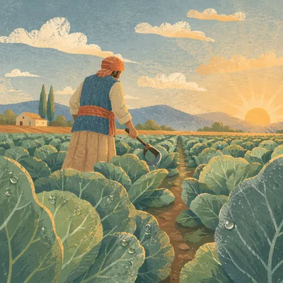 Farmer Harvesting Greens at Sunrise Field