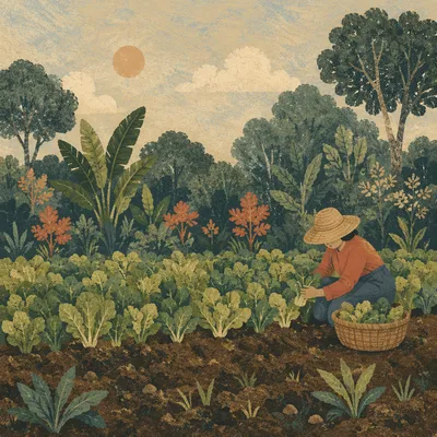 Morning Farmer Harvesting Greens in Field