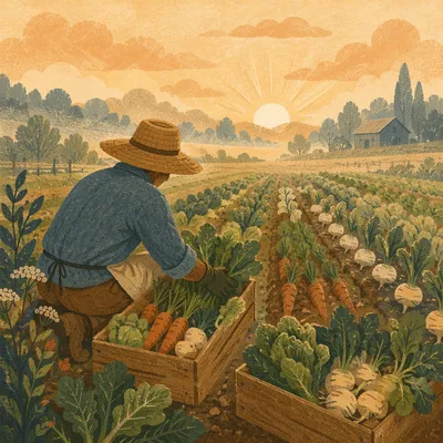Farmer Harvesting Vegetables at Sunrise Field