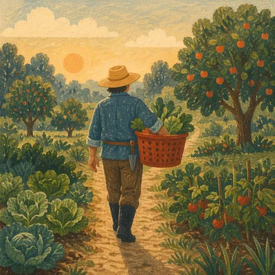 Farmer Harvesting Vegetables at Morning Light
