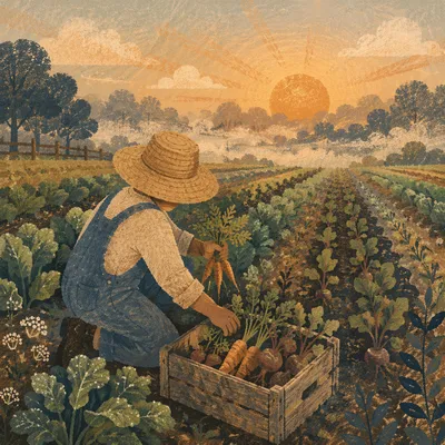 Farmer Harvesting Vegetables at Sunrise