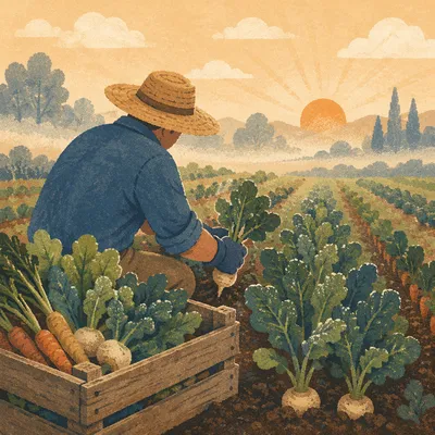 Farmer Harvesting Vegetables at Sunrise Field