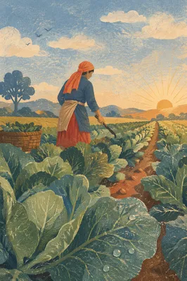 Farmer Harvesting Greens at Sunrise Field