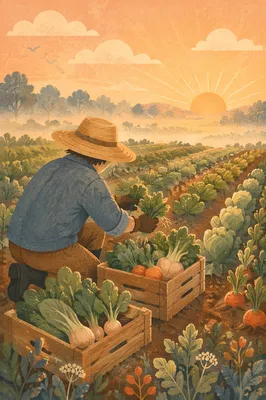 Farmer Harvesting Vegetables at Sunrise Field