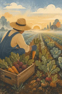 Farmer Harvesting Vegetables at Misty Sunrise